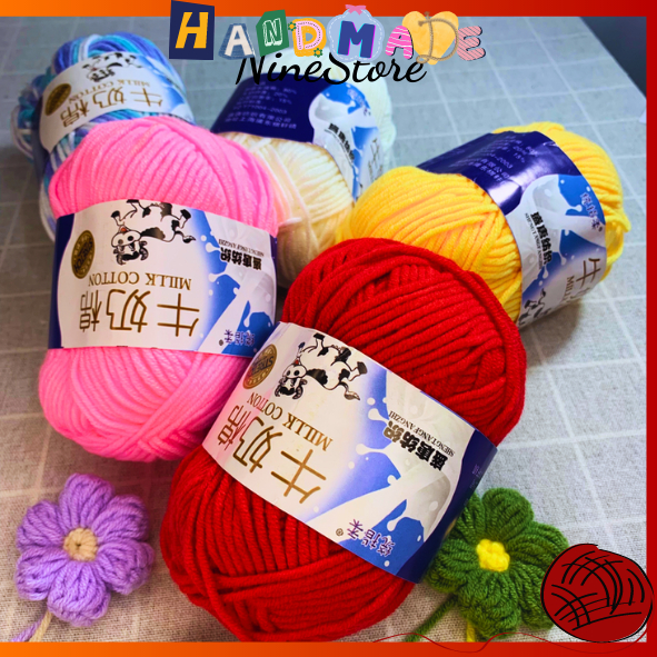 Len milk bò 50g nhiều màu, dùng móc thú, hoa, túi sợi 2.5 - 3mm mềm mịn_NineStore
