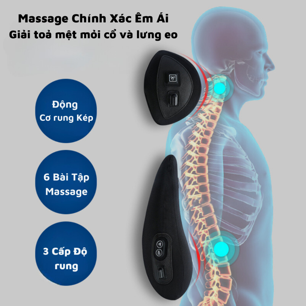 Bộ Tựa Lưng Và Gối Đầu Ô Tô Tích Hợp Massage 6 Chế Độ,Cao Su Non.Giảm Đau Mỏi Cổ Vai Gáy Cột Sống Thư Giãn Lái Xe - BOGI