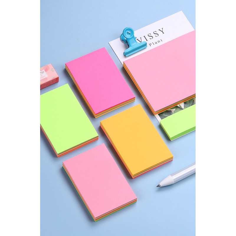 Set 100 tờ giấy note, giấy ghi chú, giấy nhớ màu neon có keo dán size 3x2, 3x3, 3x4, 3x5 inch