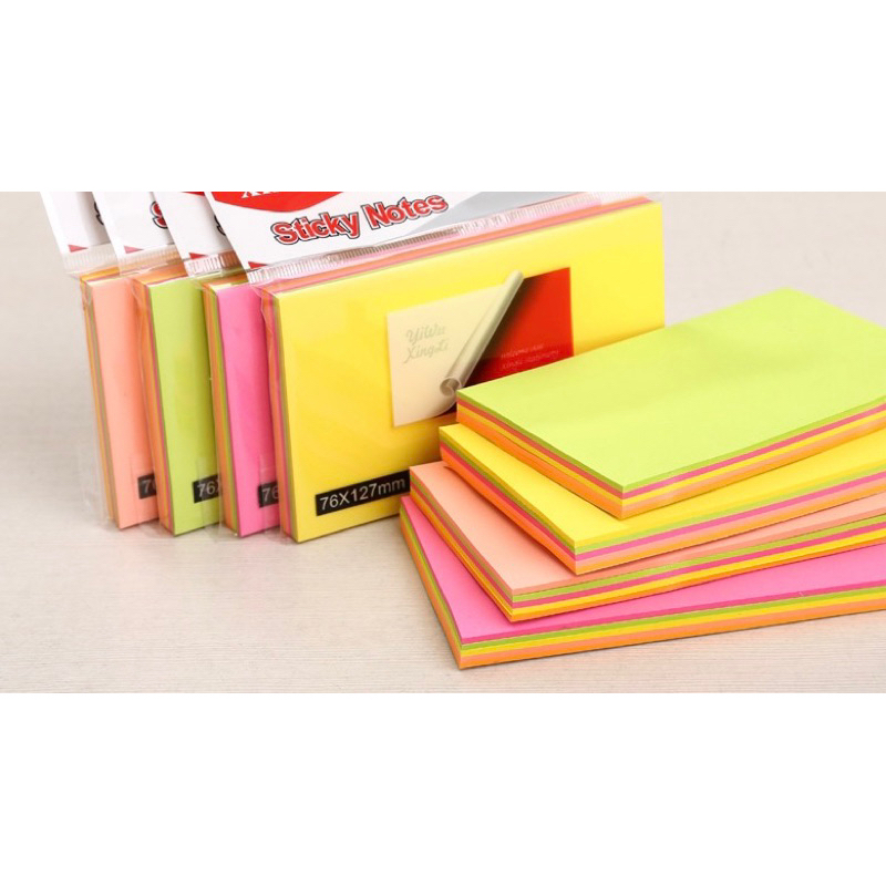Set 100 tờ giấy note, giấy ghi chú, giấy nhớ màu neon có keo dán size 3x2, 3x3, 3x4, 3x5 inch