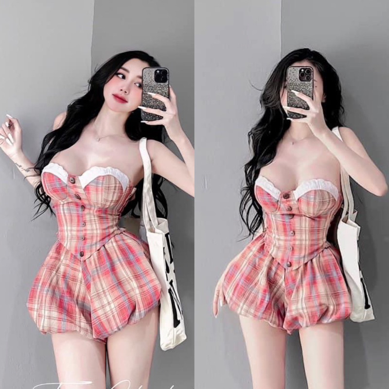 Set Bộ Sọc Cam Đỏ Áo Cúp Khuôn Ngực Viền Ren Croptop + Quần Short Bí Phồng