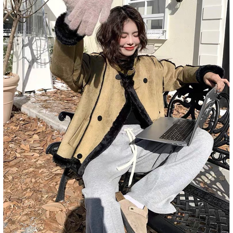 Áo Khoác Da Lộn Lót Lông Hai Màu Phong Cách Sang Chảnh Kèm Ảnh Thật, Áo Khoác Nữ Dày Dặn Thu Đông_Hàng Order QCCC