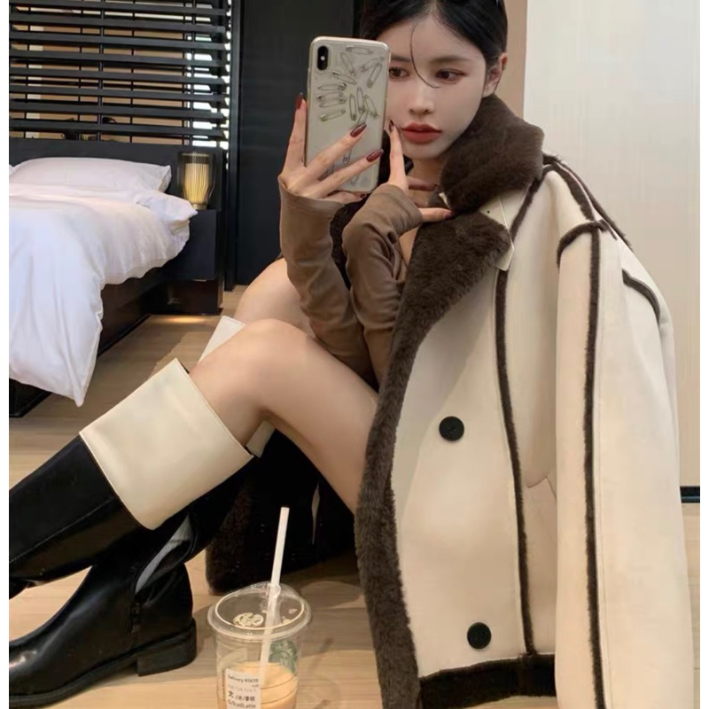 Áo Khoác Da Lộn Lót Lông Hai Màu Phong Cách Sang Chảnh Kèm Ảnh Thật, Áo Khoác Nữ Dày Dặn Thu Đông_Hàng Order QCCC