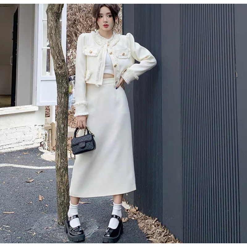 Set Dạ Tweed Áo Khoác Lửng Kèm Chân Váy Dài Hai Màu Phong Cách Sang Chảnh Hàng Quảng Châu Loại 1_Hàng Order