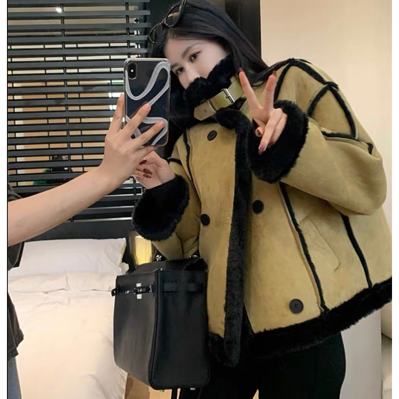 Áo Khoác Da Lộn Lót Lông Hai Màu Phong Cách Sang Chảnh Kèm Ảnh Thật, Áo Khoác Nữ Dày Dặn Thu Đông_Hàng Order QCCC