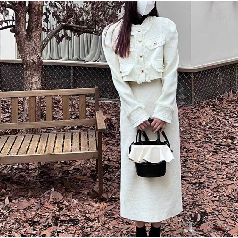 Set Dạ Tweed Áo Khoác Lửng Kèm Chân Váy Dài Hai Màu Phong Cách Sang Chảnh Hàng Quảng Châu Loại 1_Hàng Order