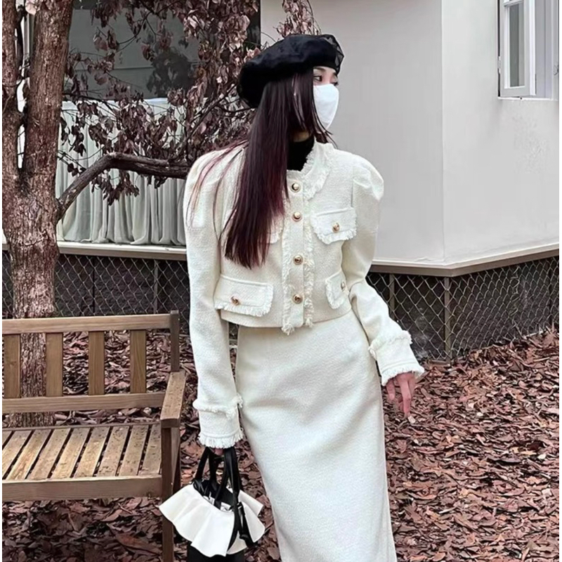 Set Dạ Tweed Áo Khoác Lửng Kèm Chân Váy Dài Hai Màu Phong Cách Sang Chảnh Hàng Quảng Châu Loại 1_Hàng Order