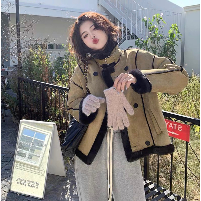 Áo Khoác Da Lộn Lót Lông Hai Màu Phong Cách Sang Chảnh Kèm Ảnh Thật, Áo Khoác Nữ Dày Dặn Thu Đông_Hàng Order QCCC