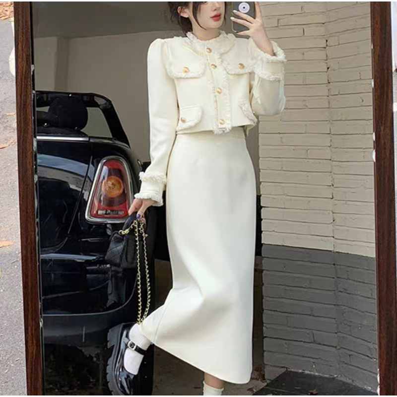 Set Dạ Tweed Áo Khoác Lửng Kèm Chân Váy Dài Hai Màu Phong Cách Sang Chảnh Hàng Quảng Châu Loại 1_Hàng Order