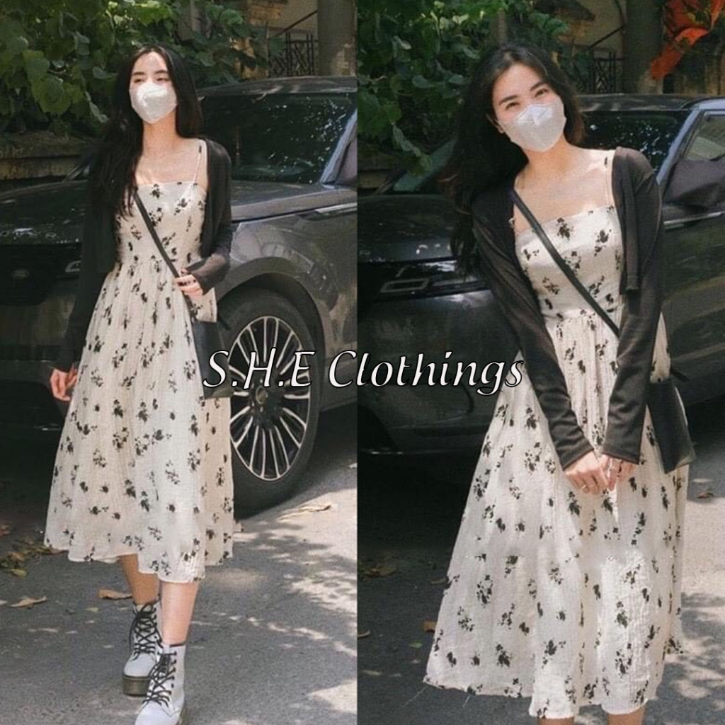 Set Bộ Đồ Nữ Áo 2 Dây Trắng Hoa Đen Chun Ngực Mix Áo Cardigan Đen Freesize S451
