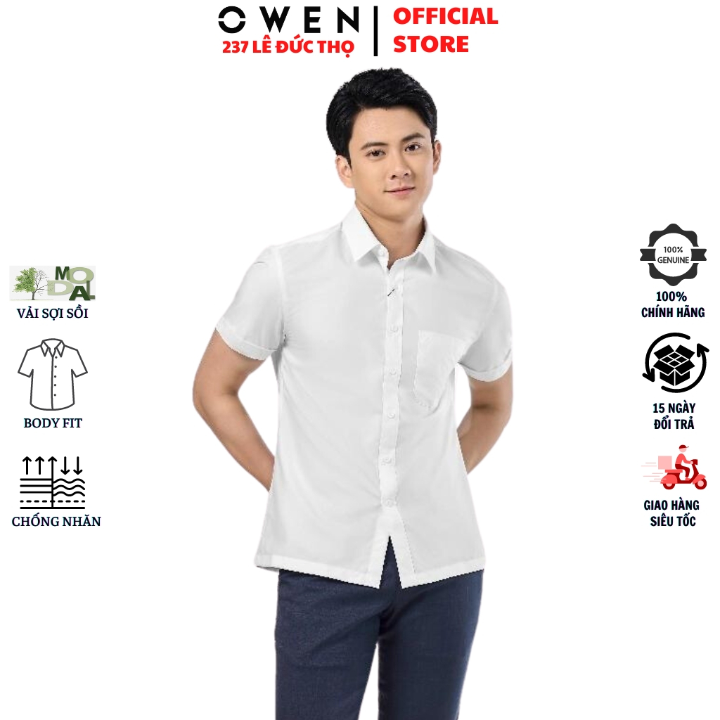 Áo sơ mi trắng ngắn tay nam OWEN AB230331NT somi cộc công sở trơn màu vải sợi sồi cao cấp form body fit tà bằng có túi