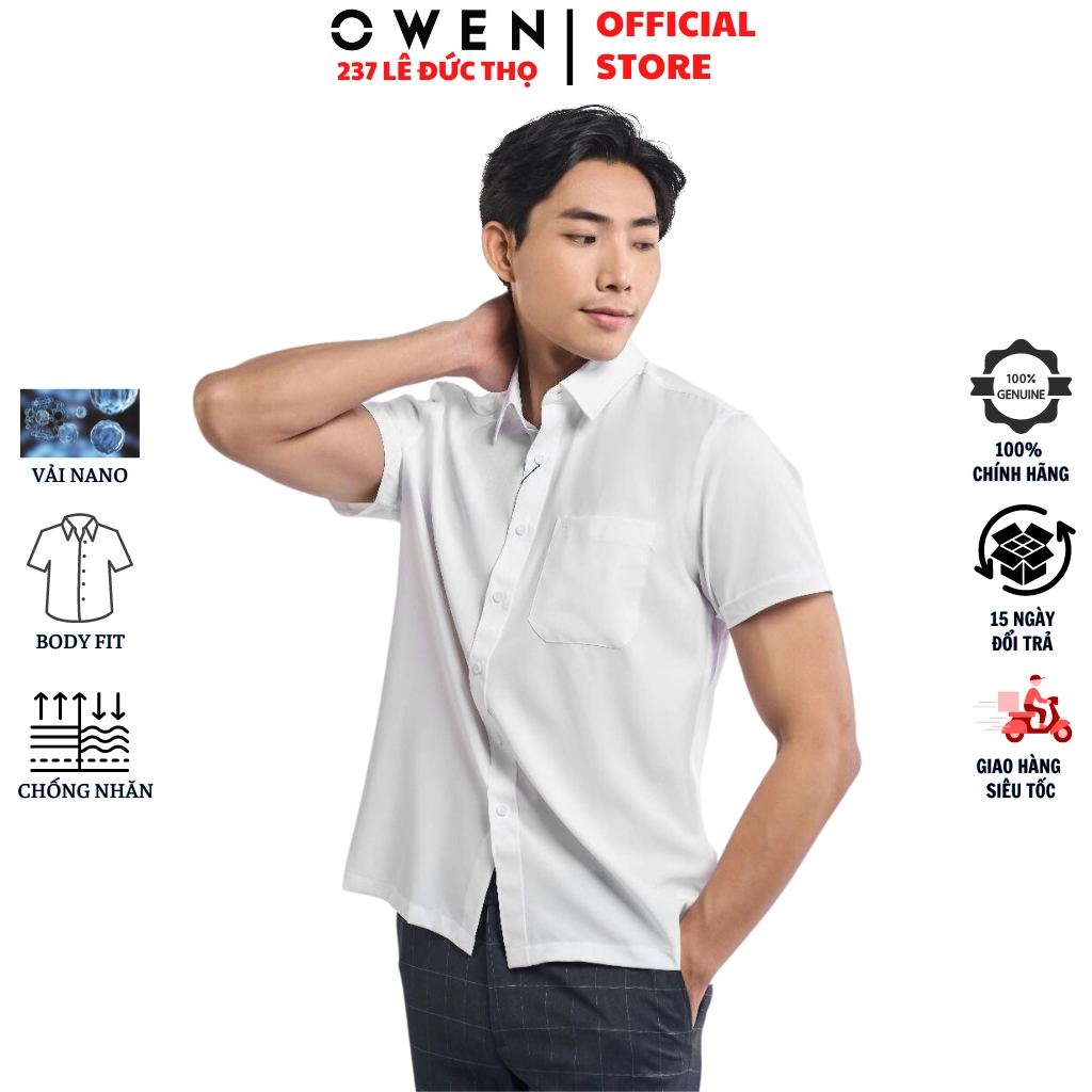 Áo sơ mi trắng ngắn tay nam OWEN AB230320NT somi cộc công sở trơn màu vải nano cao cấp form body fit tà bằng có túi