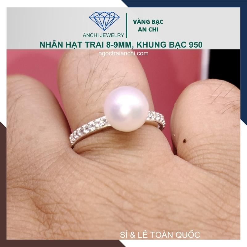 Nhẫn hạt trai 8mm khung bạc ý 925, trai trắng ánh hồng độ bóng 4A ít vết sinh trưởng - Anchi jewelry