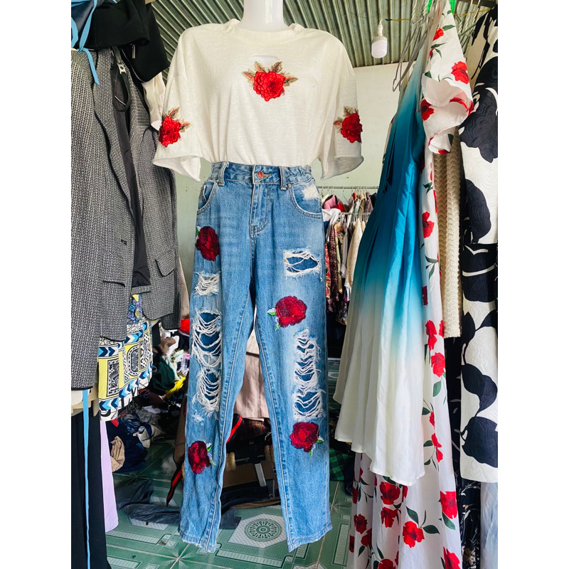 Set jean baggy áo mongtoghi thêu hoa hồng