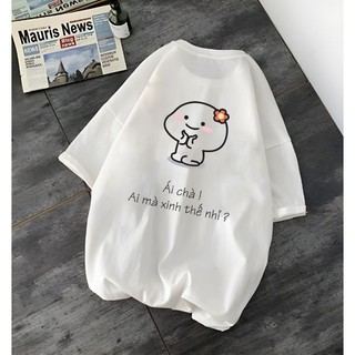 Áo phông trắng tay lỡ in hình đáng yêu trước sau