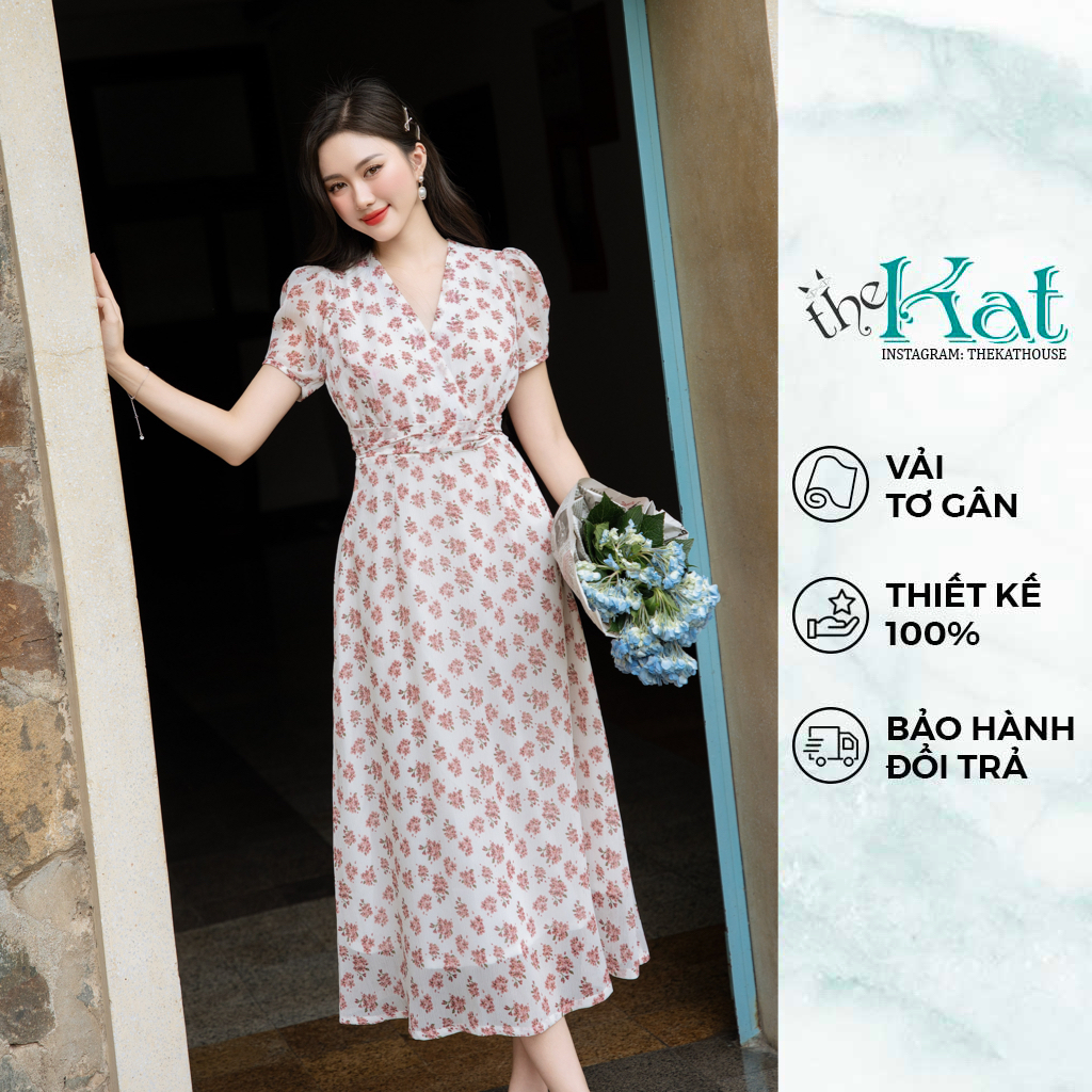 Đầm Tơ Cổ V Cột Nơ Eo The Kat House, mềm mại, nhẹ nhàng, bay bổng, thoải mái, phối đồ cực đẹp