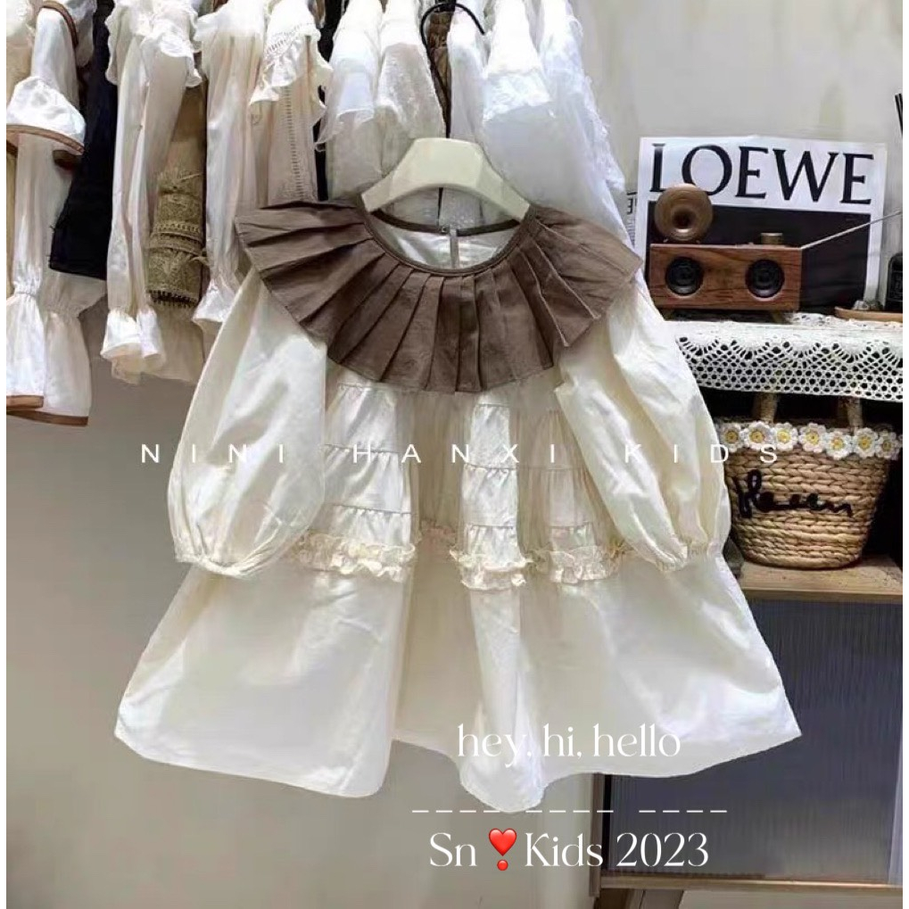 Váy cho bé gái , Set váy thu đông Thô 4 tầng bèo cổ xếp ly bánh bèo cho bé gái 10-30kg