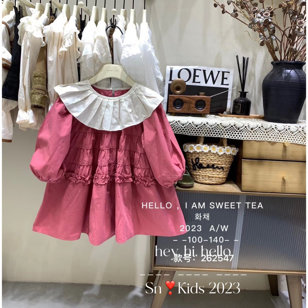 Váy cho bé gái , Set váy thu đông Thô 4 tầng bèo cổ xếp ly bánh bèo cho bé gái 10-30kg