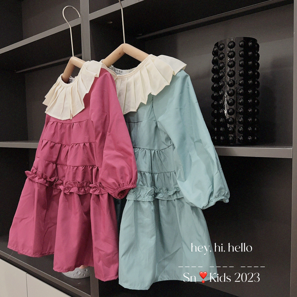 Váy cho bé gái , Set váy thu đông Thô 4 tầng bèo cổ xếp ly bánh bèo cho bé gái 10-30kg