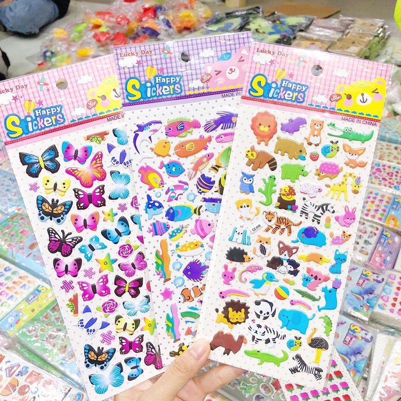 Sticker, hình dán động vật dễ thương, hình dán nổi kitty, doreamon, công chúa, heo peppa