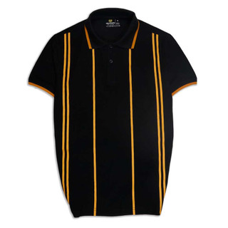 Áo thun Polo nam Fly MIXMEN M703 vải cotton cá sấu mắt lục giác cao cấp, màu đen phối họa tiết sọc cam thời trang