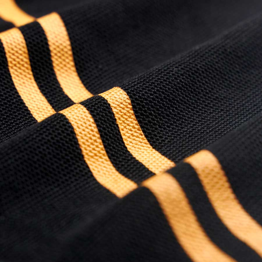 Áo thun Polo nam Fly MIXMEN M703 vải cotton cá sấu mắt lục giác cao cấp, màu đen phối họa tiết sọc cam thời trang