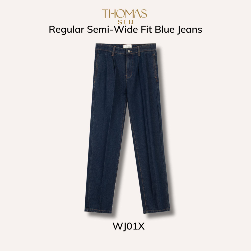 Quần jeans ống rộng Semi-Wide fit cao cấp THOMAS STU simple live gentle mind Regular Semi-Wide Fit Blue Jeans WJ01X