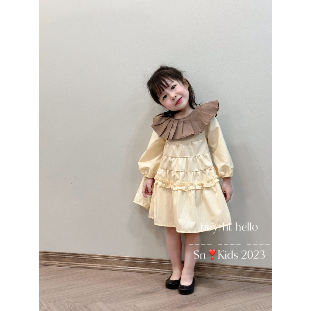 Váy cho bé gái , Set váy thu đông Thô 4 tầng bèo cổ xếp ly bánh bèo cho bé gái 10-30kg