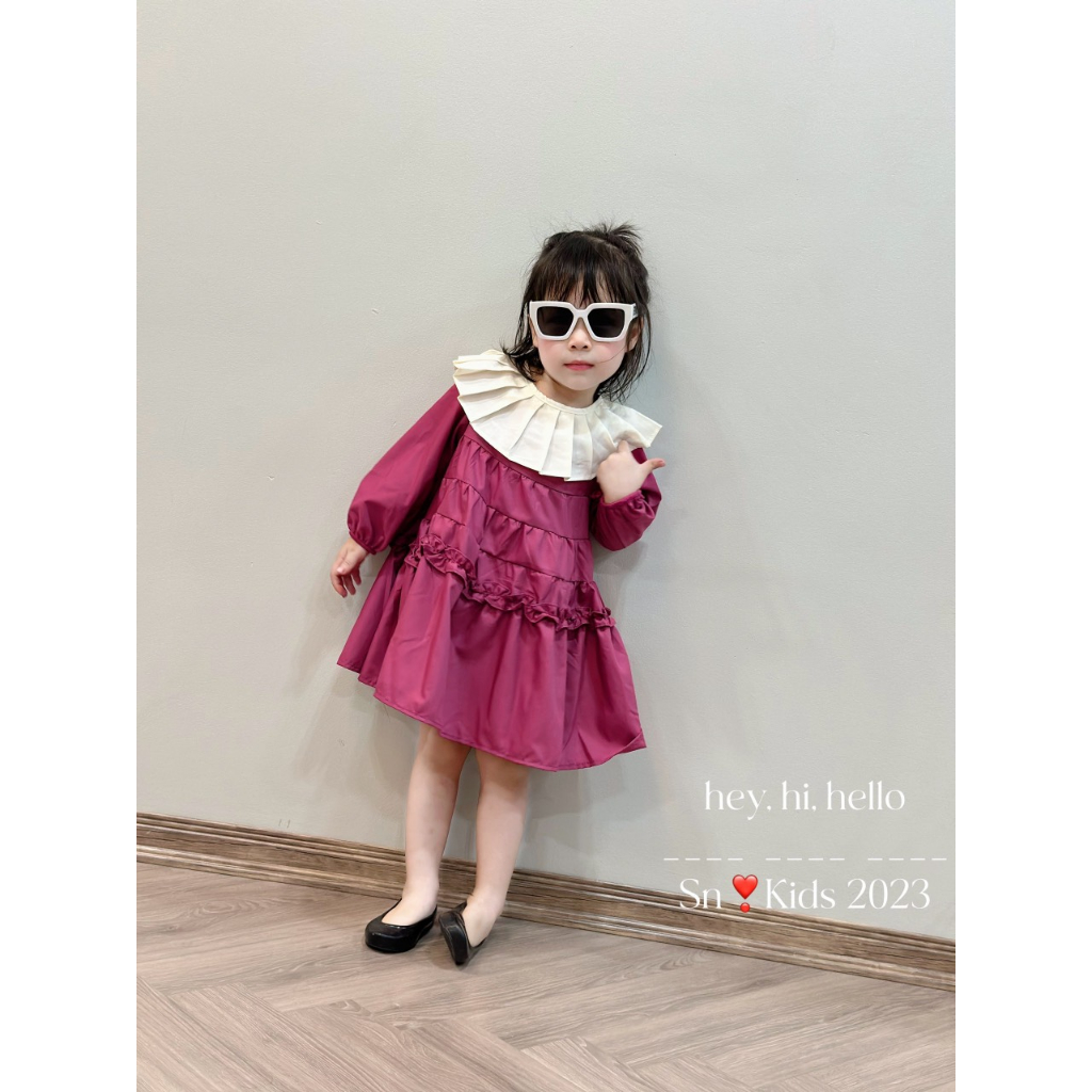 Váy cho bé gái , Set váy thu đông Thô 4 tầng bèo cổ xếp ly bánh bèo cho bé gái 10-30kg