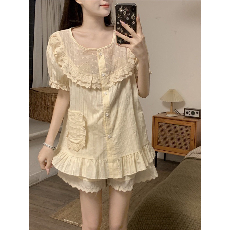 Bộ ngủ, Váy ngủ cổ tròn phối bèo ren nữ tính chất thô mềm freesize 63kg