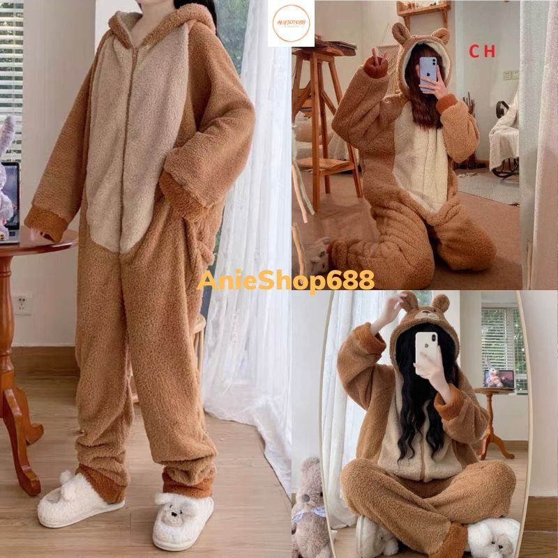 bộ gấu liền thân cho nữ siêu ấm, bộ mặc nhà freesize bộ đồ ngủ mùa đông lông cừu giữ nhiệt tốt, nhung bông mềm mịn