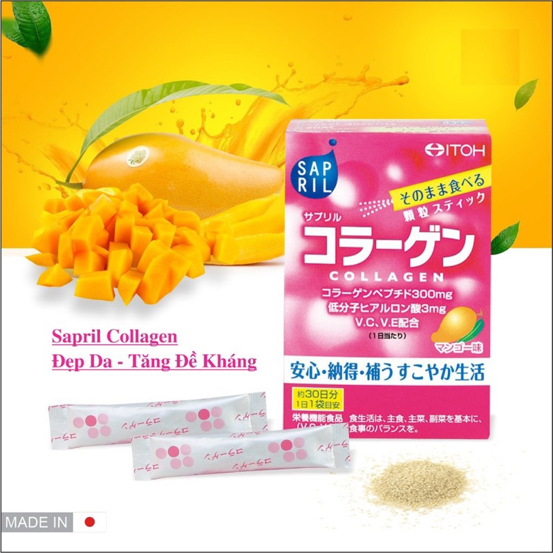 Bột uống dưỡng trắng da Vitamin Sapril Collagen vị xoài Itoh 60g (2g x 30 gói/hộp) - Mỹ Phẩm Naris Nhật Bản