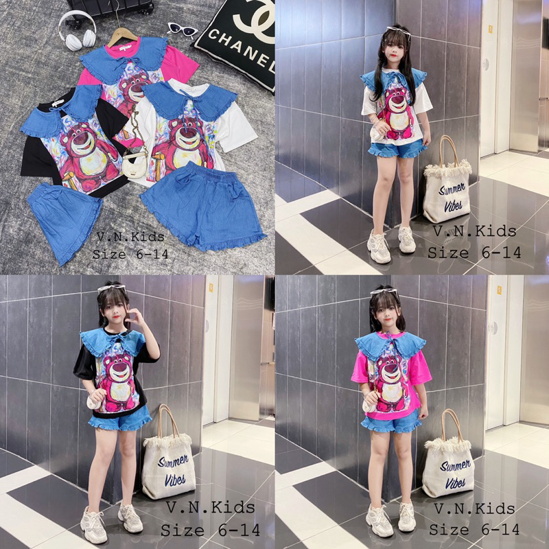 Bộ gấu dâu phối Jean cao cấp cho Bé size đại 18kg-43kg