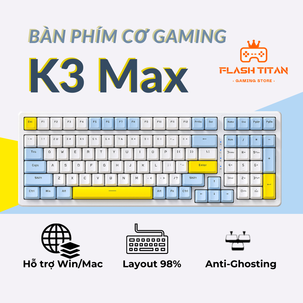 Bàn phím cơ Gaming K3 Max -  Trục cơ Red switch - LED 10 chế độ - Dùng cho máy tính - Phiên bản 2023