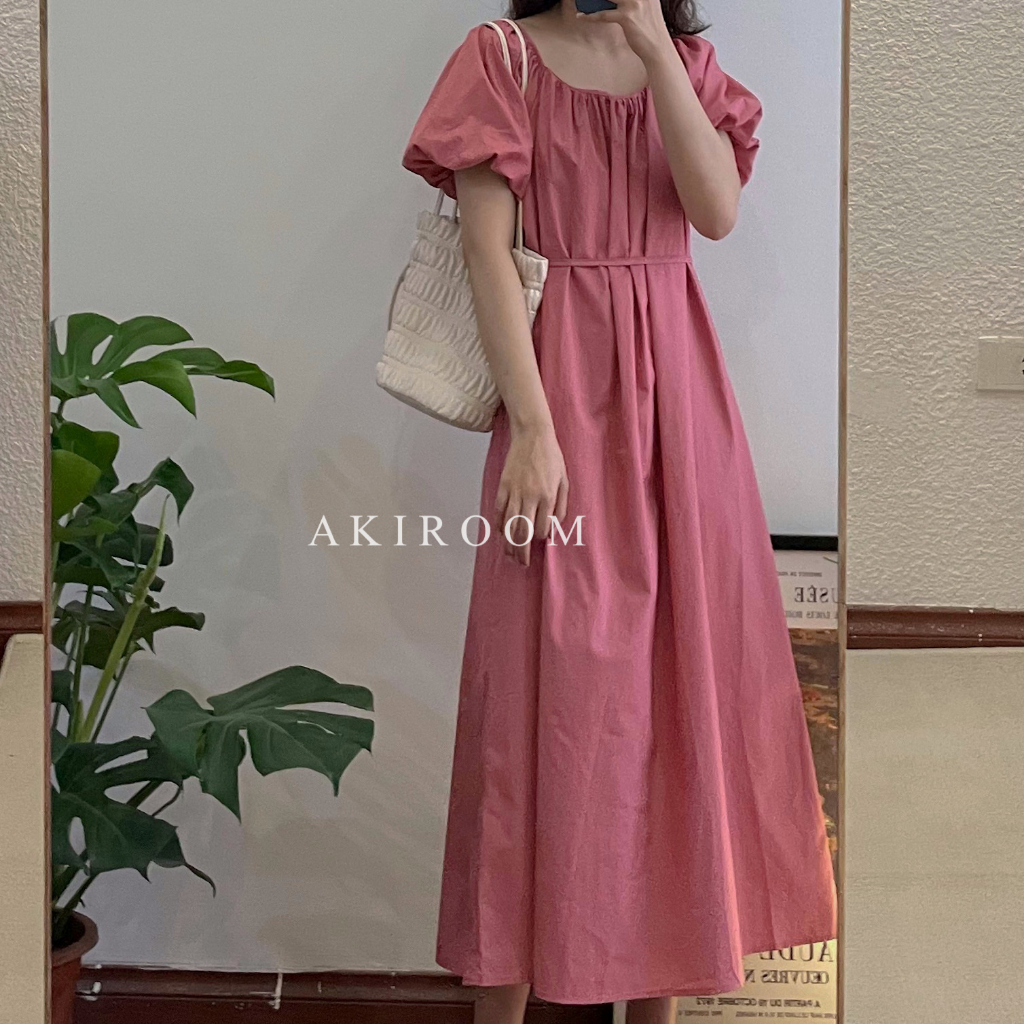 Váy thô suông dài cổ vuông tay bồng dây buộc lưng kèm dây thắt eo 8850