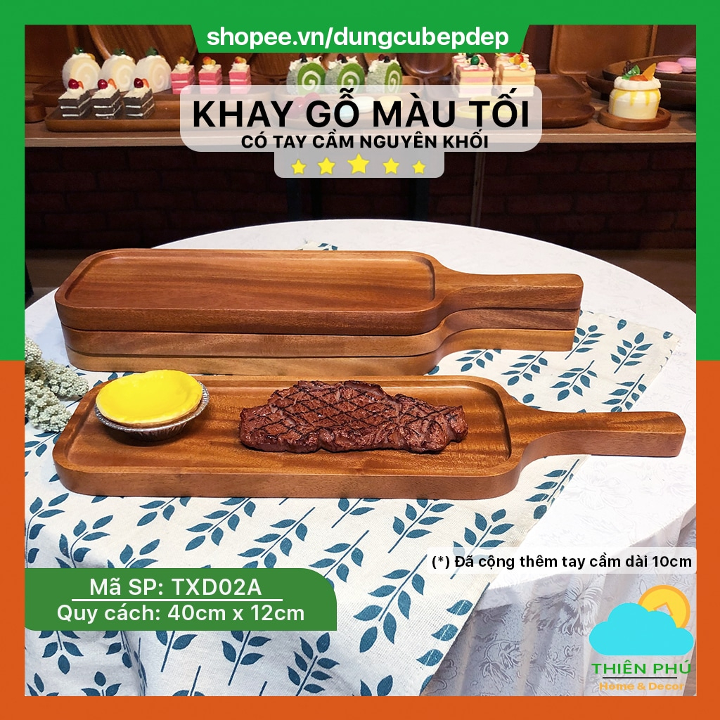 khay gỗ decor có tay cầm 40x12cm gỗ màu tối cao cấp, thích hợp để trang trí bàn ăn, phục vụ món steak, giữ nhiệt bò né