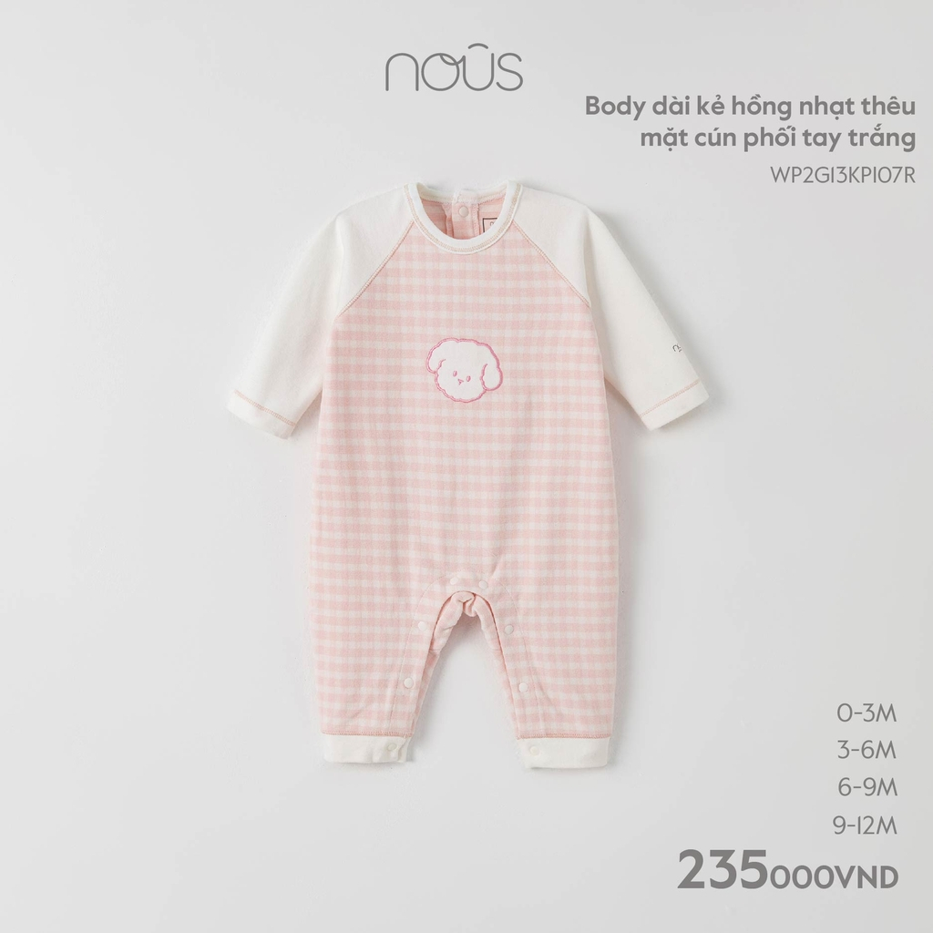 NOUS - Body dài kẻ hồng nhạt thêu mặt cún phối tay trắng - Nu Pre - 6M 0M 3M 9M SS23