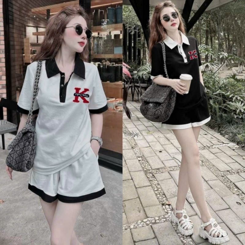 Bộ đồ thun nữ quần sort đùi áo có cổ thêu chữ K siêu xinh, đồ bộ mặc nhà mùa hè mát mẻ, sét bộ đi chơi có bigsize đẹp