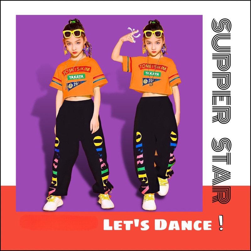 Bộ thời trang nhảy HipHop, nhảy hiện đại áo croptop, quần in chữ size 15kg-45kg , 3tq01340310