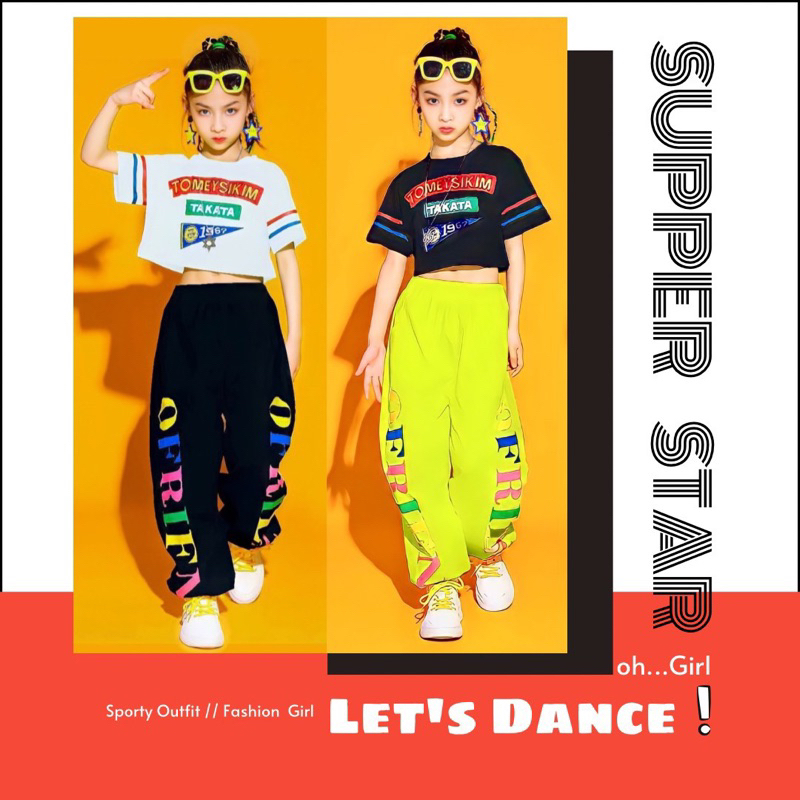 Bộ thời trang nhảy HipHop, nhảy hiện đại áo croptop, quần in chữ size 15kg-45kg , 3tq01340310