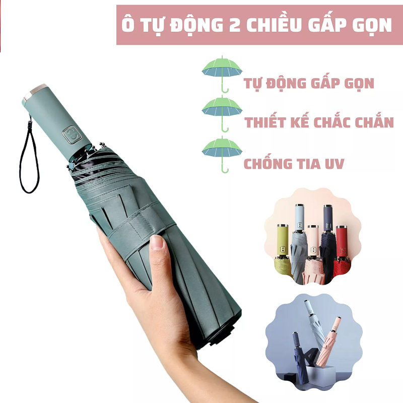 Dù gấp gọn (CÒN ÍT XÃ), ô tự động 2 chiều có nút đóng mở gấp gọn chống tia UV che nắng, che mưa