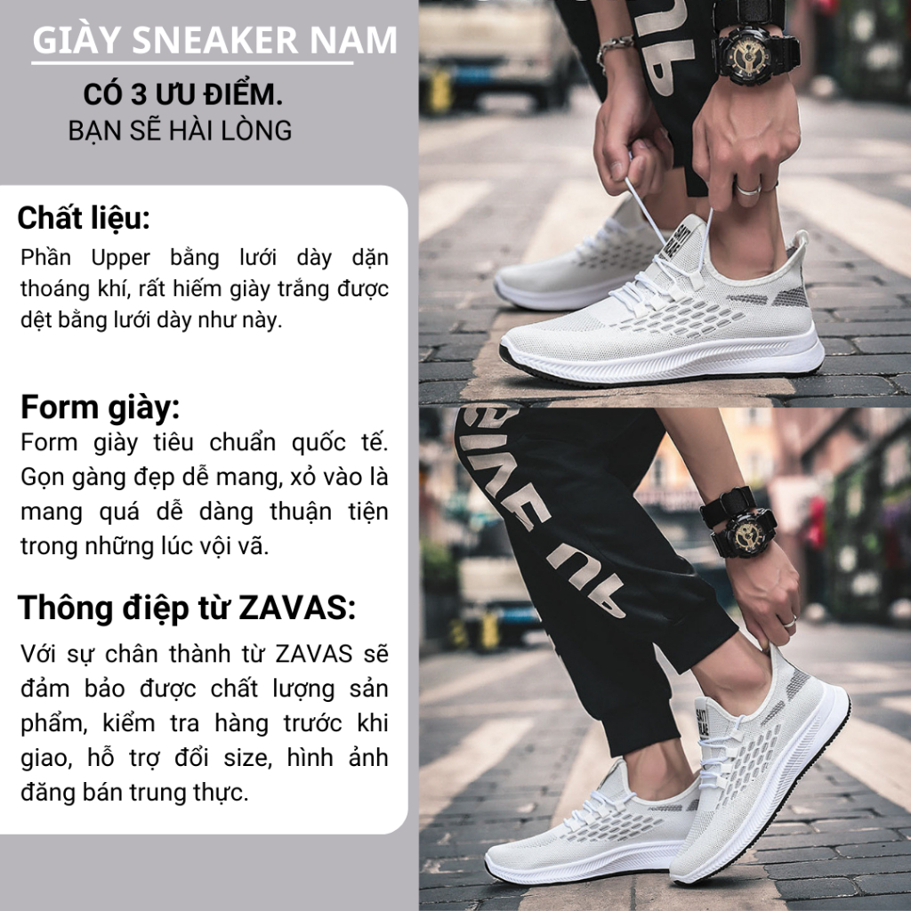 Giày thể thao nam sneaker trắng ZAVAS bằng lưới thời trang đế cao 3cm form giày gọn gàng dễ mặc đồ đi êm chân S361