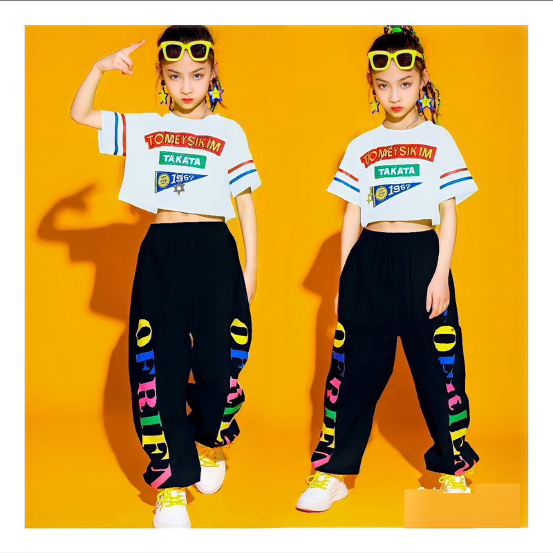 Bộ thời trang nhảy HipHop, nhảy hiện đại áo croptop, quần in chữ size 15kg-45kg , 3tq01340310
