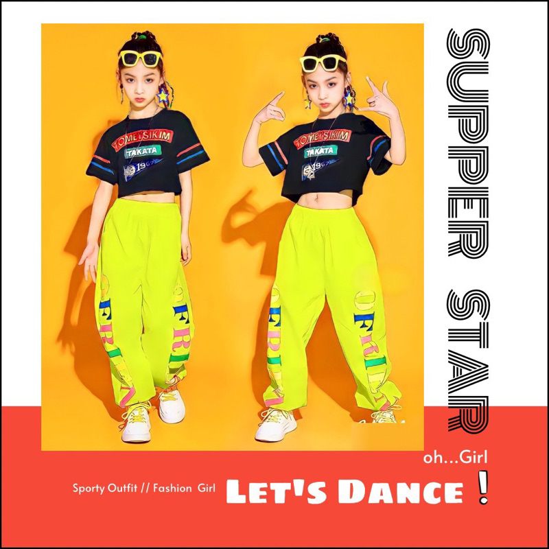 Bộ thời trang nhảy HipHop, nhảy hiện đại áo croptop, quần in chữ size 15kg-45kg , 3tq01340310