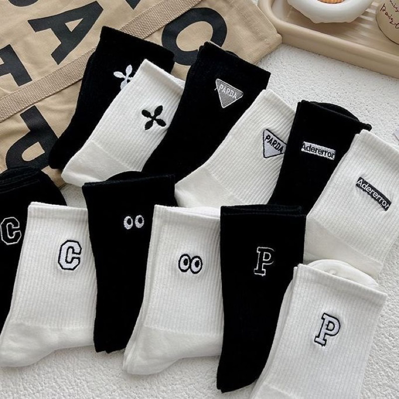 Tất Vớ Cao Cổ Cotton Co Giãn Thêu Hoạ Tiết Unisex