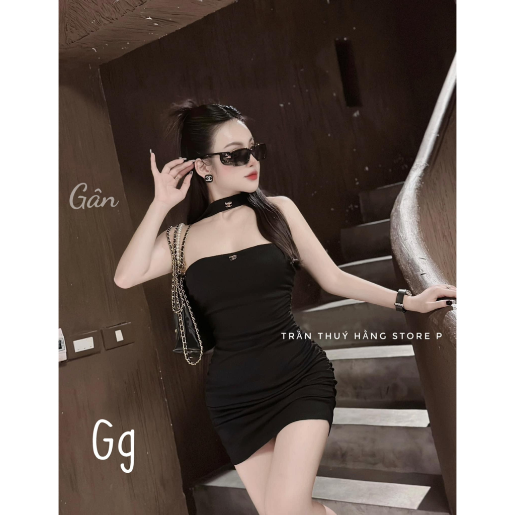 Đầm ống phối dây đeo ngược cổ kèm tag thun gân có mút