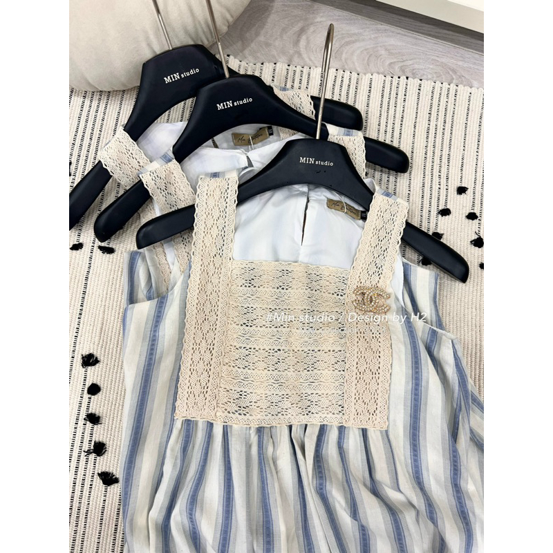 Váy kẻ Xanh Phối Ren_ Tặng kèm tag đá sịn sò