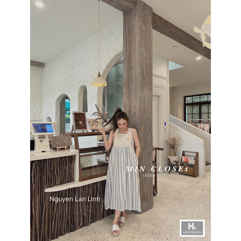 Váy kẻ Xanh Phối Ren_ Tặng kèm tag đá sịn sò