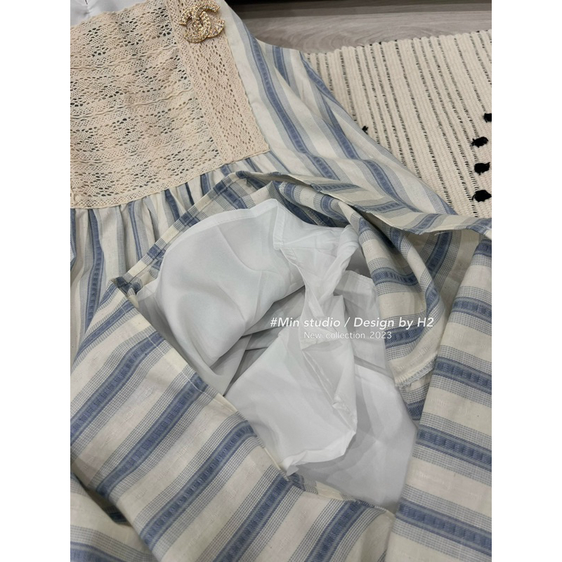 Váy kẻ Xanh Phối Ren_ Tặng kèm tag đá sịn sò