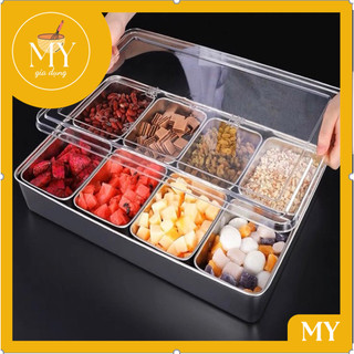 Bộ khay đựng topping trà sữa inox 304 nhiều ngăn có nắp đậy - khay inox đựng gia vị nắp inox